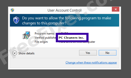 Screenshot where PC Cleaners Inc. appears as the verified publisher in the UAC dialog